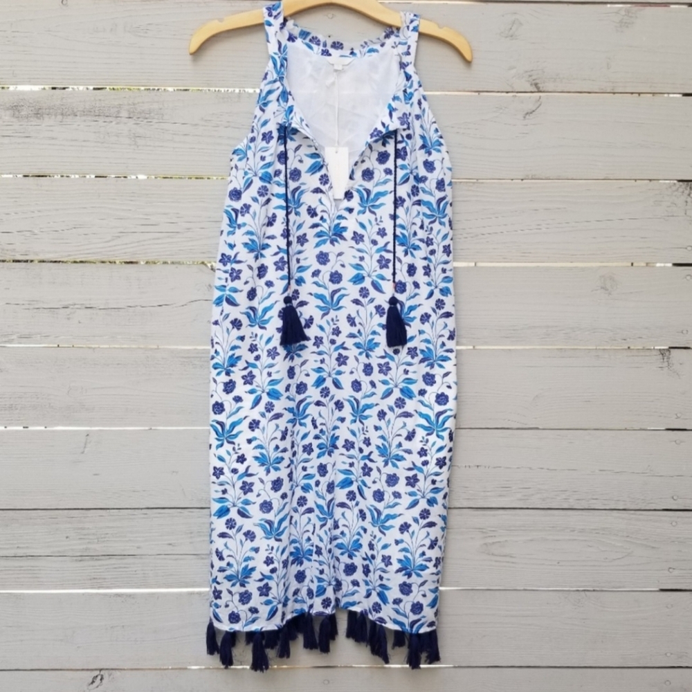 NWT Voloshin Paradise Tassel Boho Floral Shift Dress Blue White Small - Picture 4 of 8